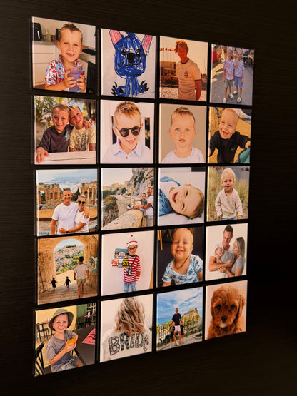 Collection of photo magnets featuring various images on a black fridge